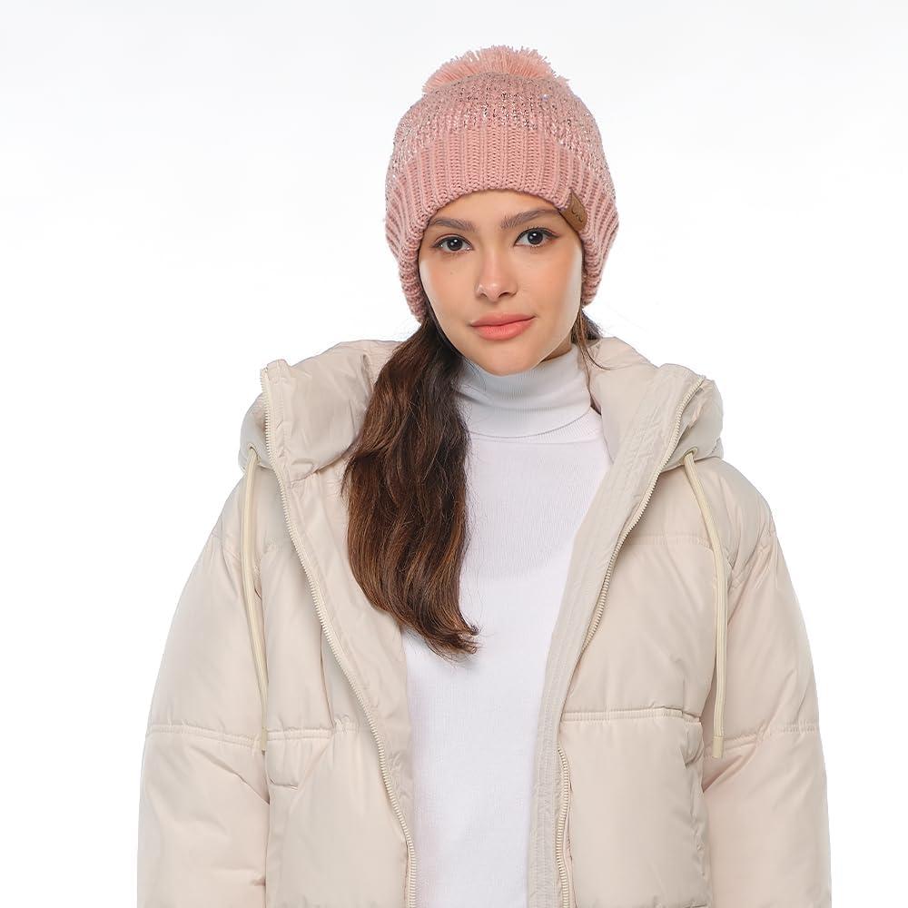 imageCC Sequin Pom Beanie for Women  Acrylic Stretchable Soft Warm Knit Winter Skully Hat with Yarn PomSequinrose  Rose