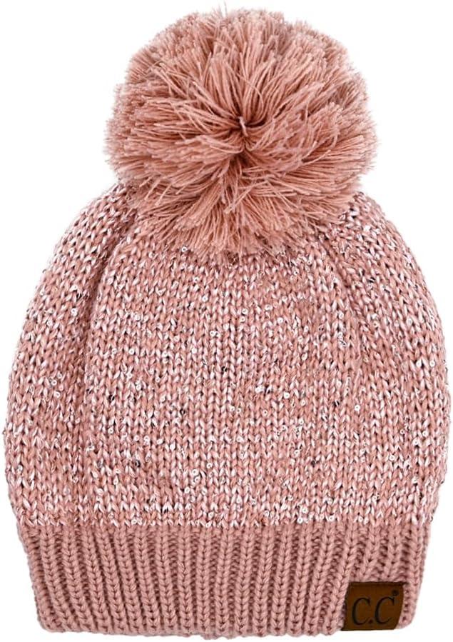 imageCC Sequin Pom Beanie for Women  Acrylic Stretchable Soft Warm Knit Winter Skully Hat with Yarn PomSequinrose  Rose