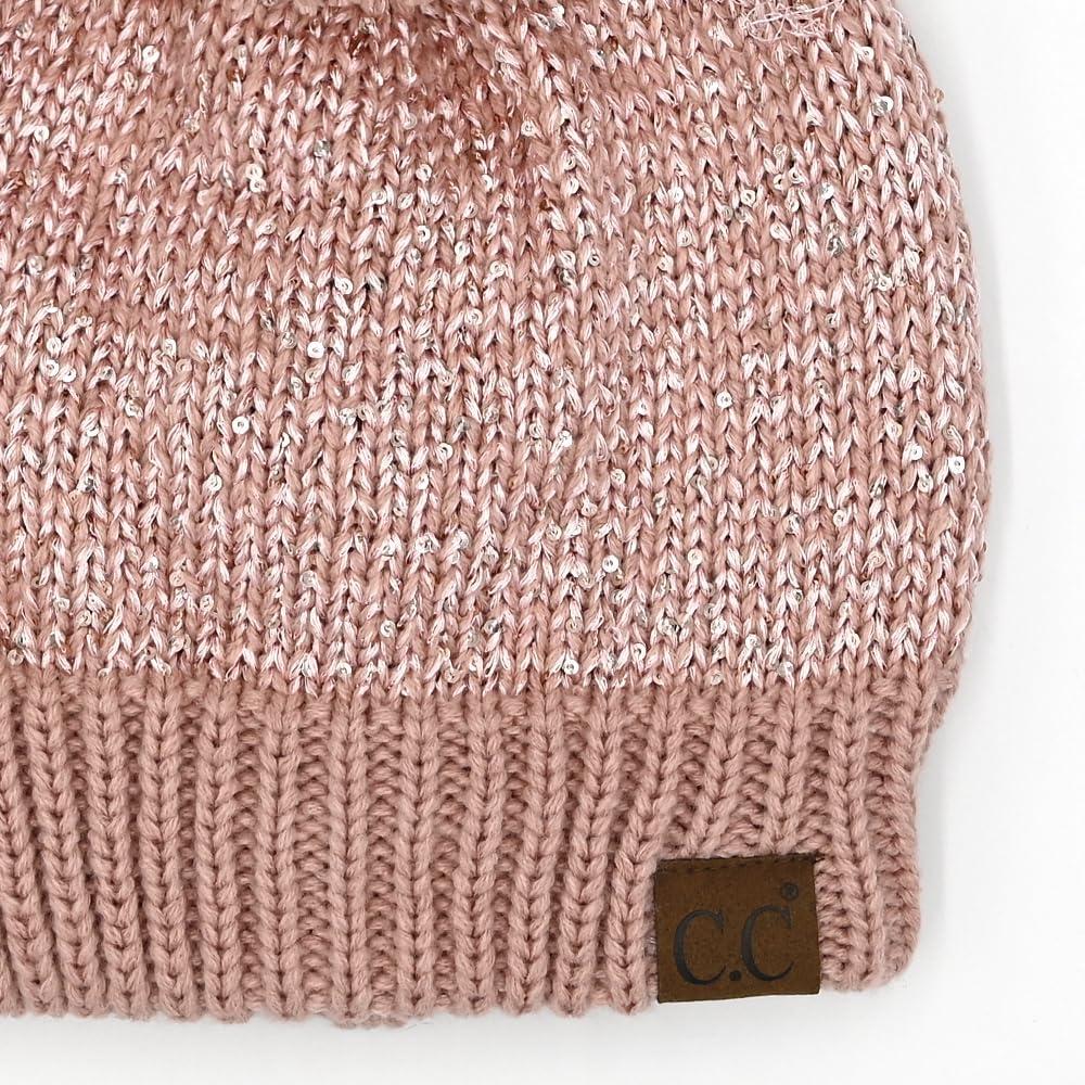 imageCC Sequin Pom Beanie for Women  Acrylic Stretchable Soft Warm Knit Winter Skully Hat with Yarn PomSequinrose  Rose