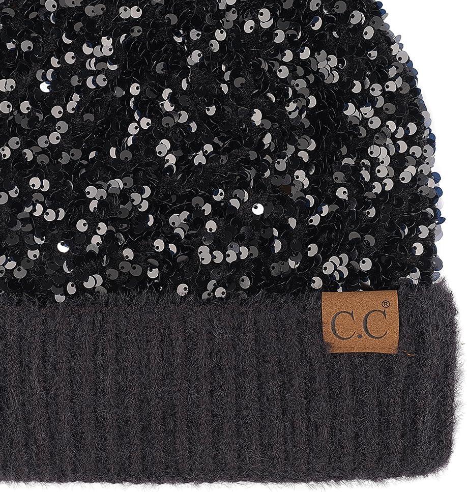 imageCC Sequin Pom Beanie for Women  Acrylic Stretchable Soft Warm Knit Winter Skully Hat with Yarn PomSparklesblack