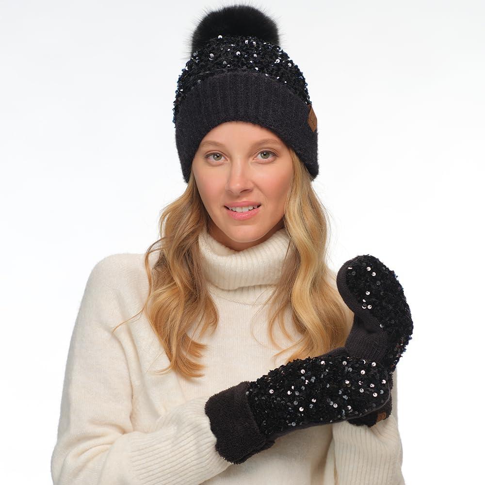 imageCC Sequin Pom Beanie for Women  Acrylic Stretchable Soft Warm Knit Winter Skully Hat with Yarn PomSparklesblack