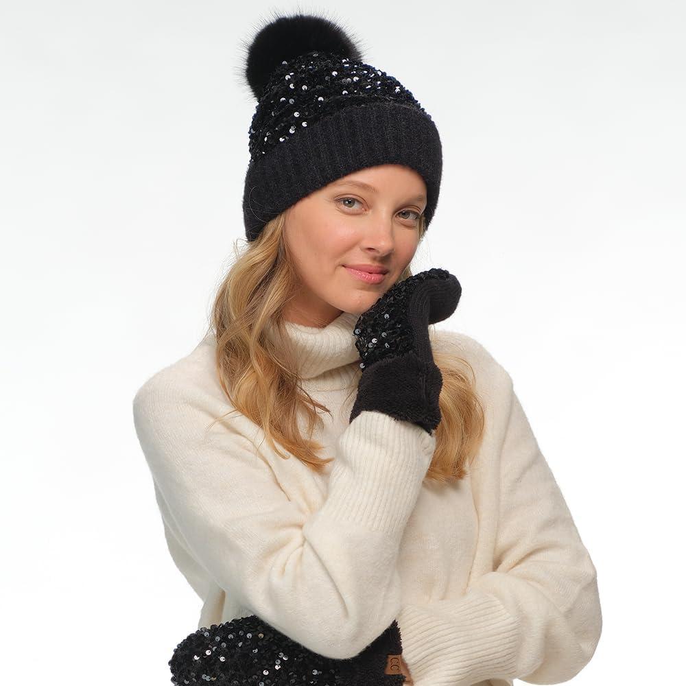 imageCC Sequin Pom Beanie for Women  Acrylic Stretchable Soft Warm Knit Winter Skully Hat with Yarn PomSparklesblack