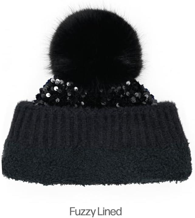 imageCC Sequin Pom Beanie for Women  Acrylic Stretchable Soft Warm Knit Winter Skully Hat with Yarn PomSparklesblack