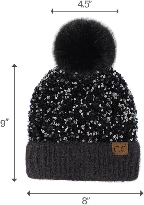 imageCC Sequin Pom Beanie for Women  Acrylic Stretchable Soft Warm Knit Winter Skully Hat with Yarn PomSparklesblack