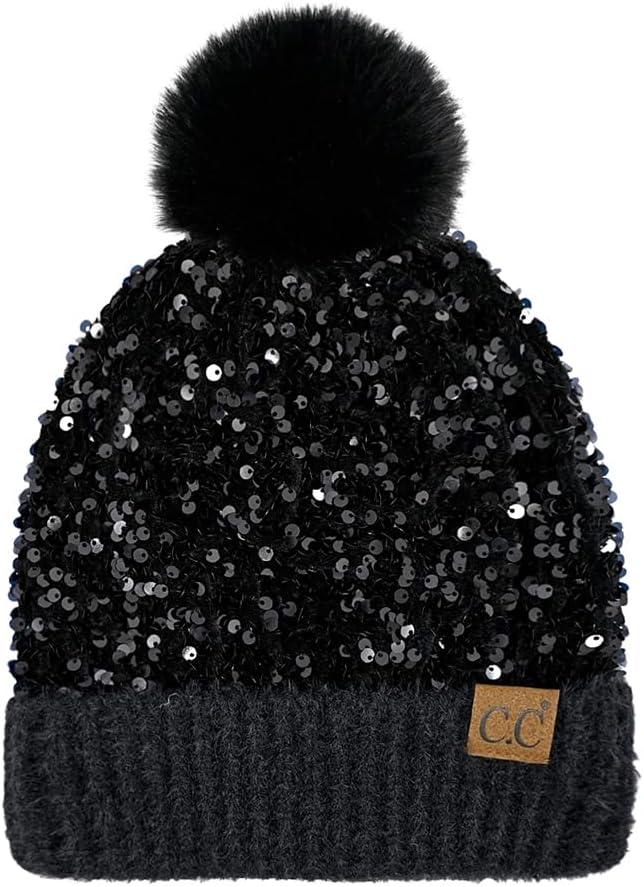 imageCC Sequin Pom Beanie for Women  Acrylic Stretchable Soft Warm Knit Winter Skully Hat with Yarn PomSparklesblack