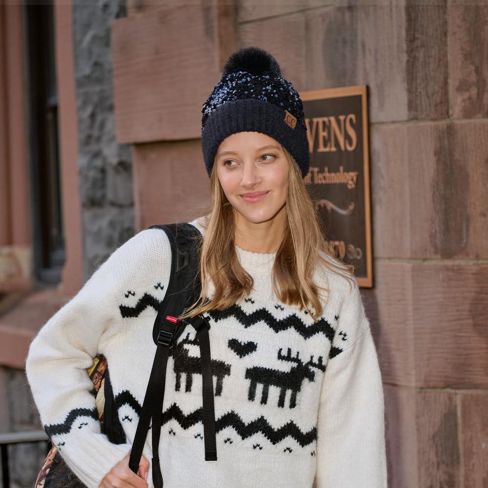 imageCC Sequin Pom Beanie for Women  Acrylic Stretchable Soft Warm Knit Winter Skully Hat with Yarn PomSparklesblack