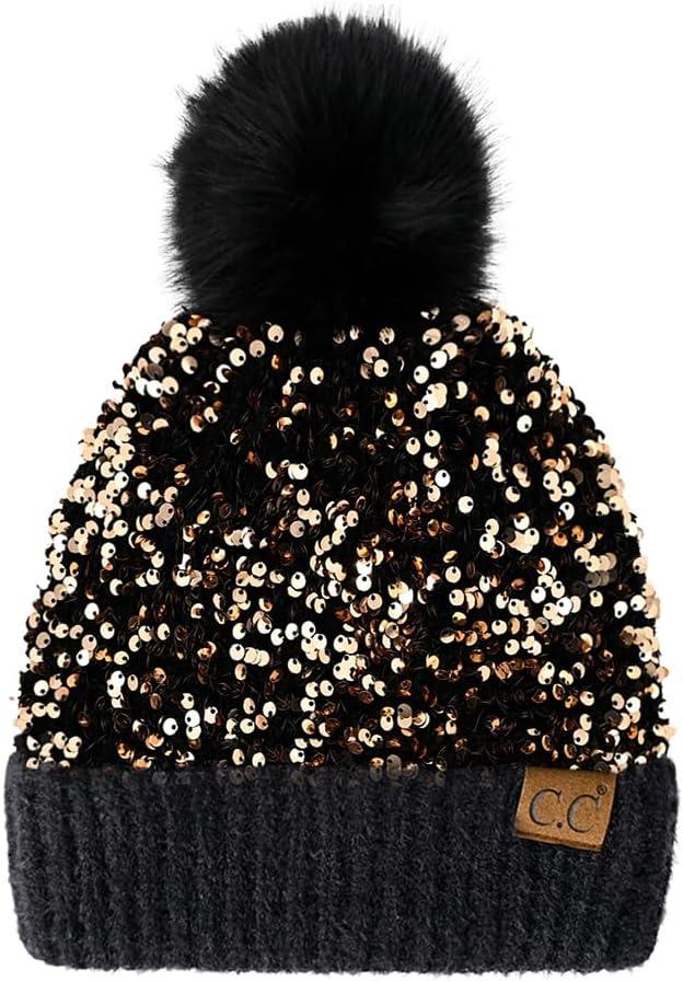 imageCC Sequin Pom Beanie for Women  Acrylic Stretchable Soft Warm Knit Winter Skully Hat with Yarn PomSparklesgold