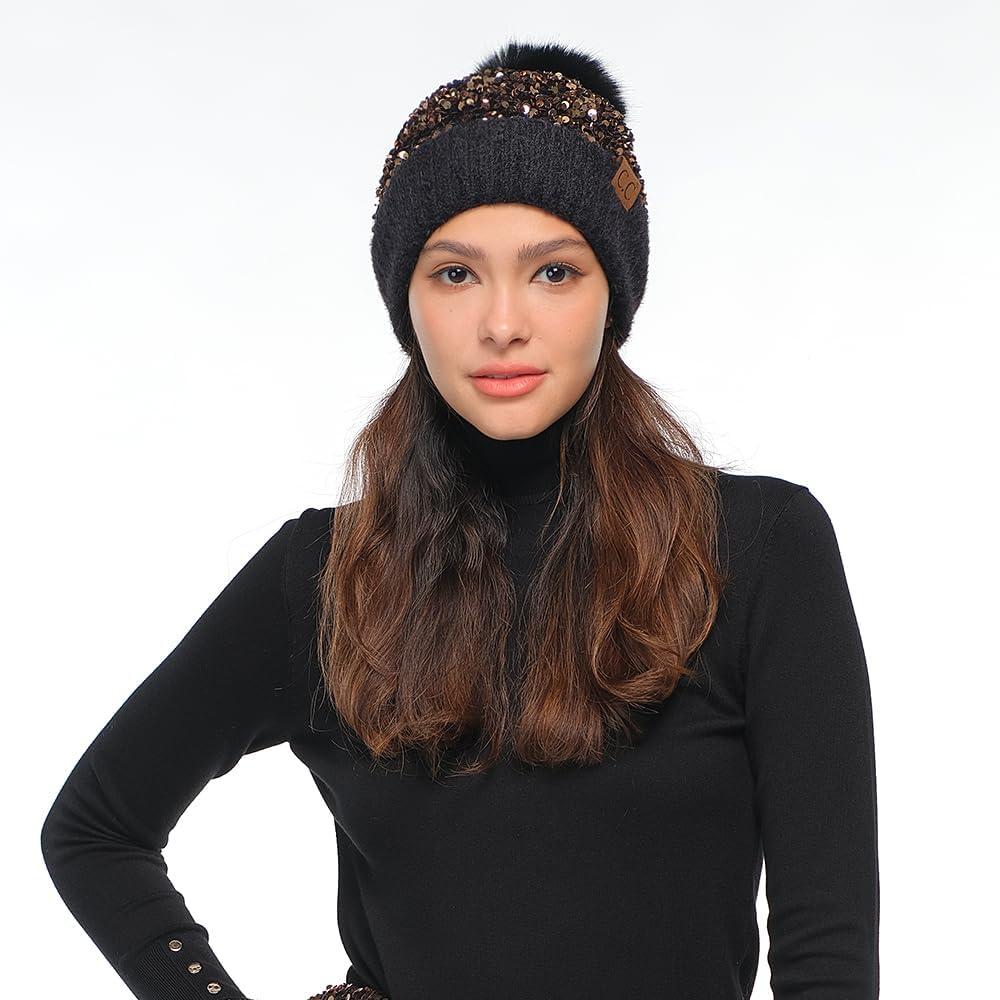 imageCC Sequin Pom Beanie for Women  Acrylic Stretchable Soft Warm Knit Winter Skully Hat with Yarn PomSparklesgold