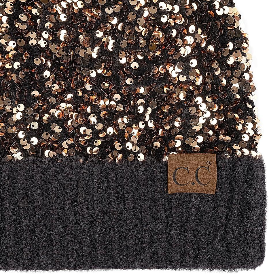 imageCC Sequin Pom Beanie for Women  Acrylic Stretchable Soft Warm Knit Winter Skully Hat with Yarn PomSparklesgold