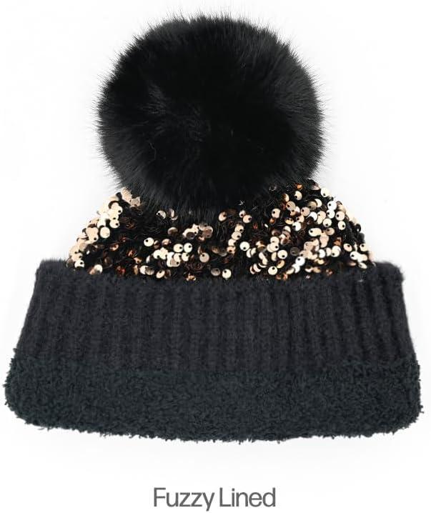 imageCC Sequin Pom Beanie for Women  Acrylic Stretchable Soft Warm Knit Winter Skully Hat with Yarn PomSparklesgold