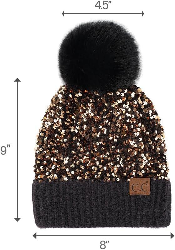 imageCC Sequin Pom Beanie for Women  Acrylic Stretchable Soft Warm Knit Winter Skully Hat with Yarn PomSparklesgold