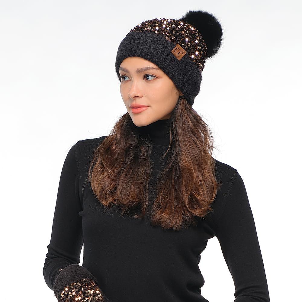 imageCC Sequin Pom Beanie for Women  Acrylic Stretchable Soft Warm Knit Winter Skully Hat with Yarn PomSparklesgold