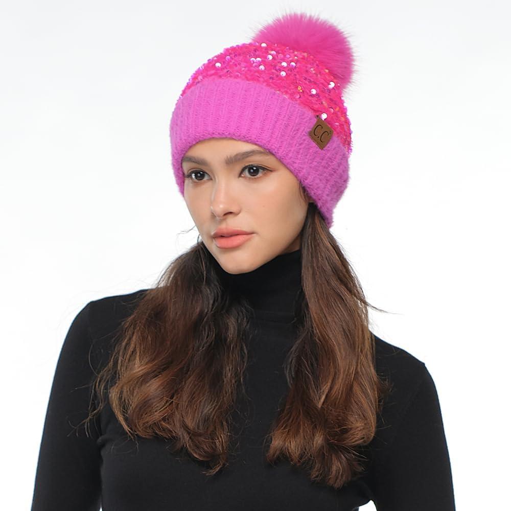 imageCC Sequin Pom Beanie for Women  Acrylic Stretchable Soft Warm Knit Winter Skully Hat with Yarn PomSparkleshot Pink