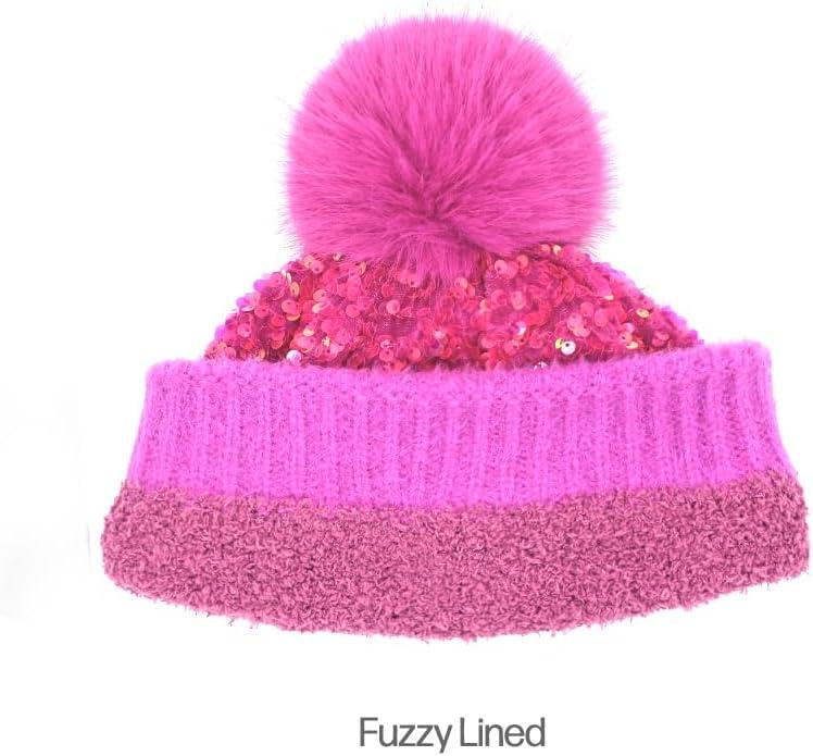 imageCC Sequin Pom Beanie for Women  Acrylic Stretchable Soft Warm Knit Winter Skully Hat with Yarn PomSparkleshot Pink