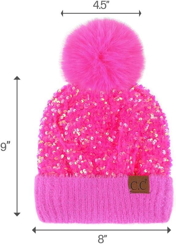 imageCC Sequin Pom Beanie for Women  Acrylic Stretchable Soft Warm Knit Winter Skully Hat with Yarn PomSparkleshot Pink
