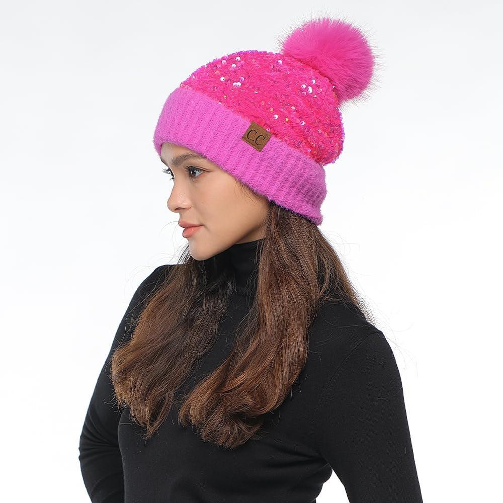 imageCC Sequin Pom Beanie for Women  Acrylic Stretchable Soft Warm Knit Winter Skully Hat with Yarn PomSparkleshot Pink