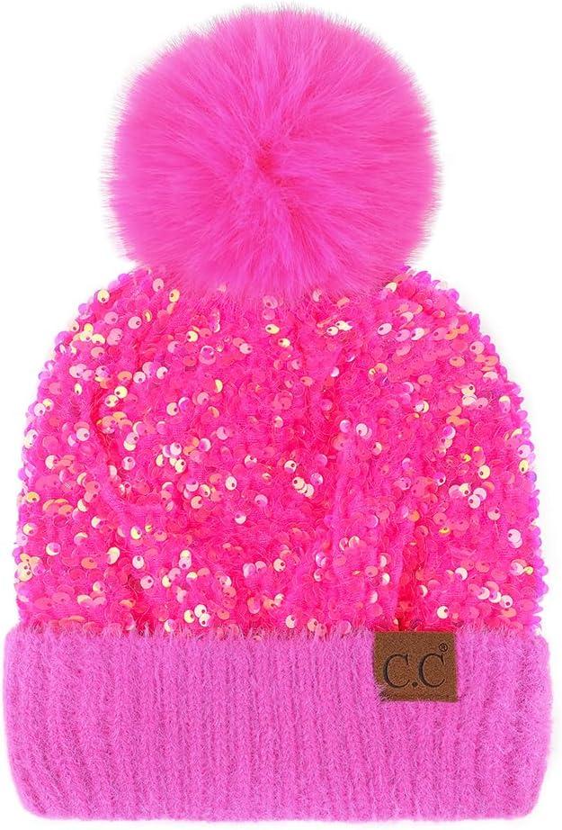 imageCC Sequin Pom Beanie for Women  Acrylic Stretchable Soft Warm Knit Winter Skully Hat with Yarn PomSparkleshot Pink