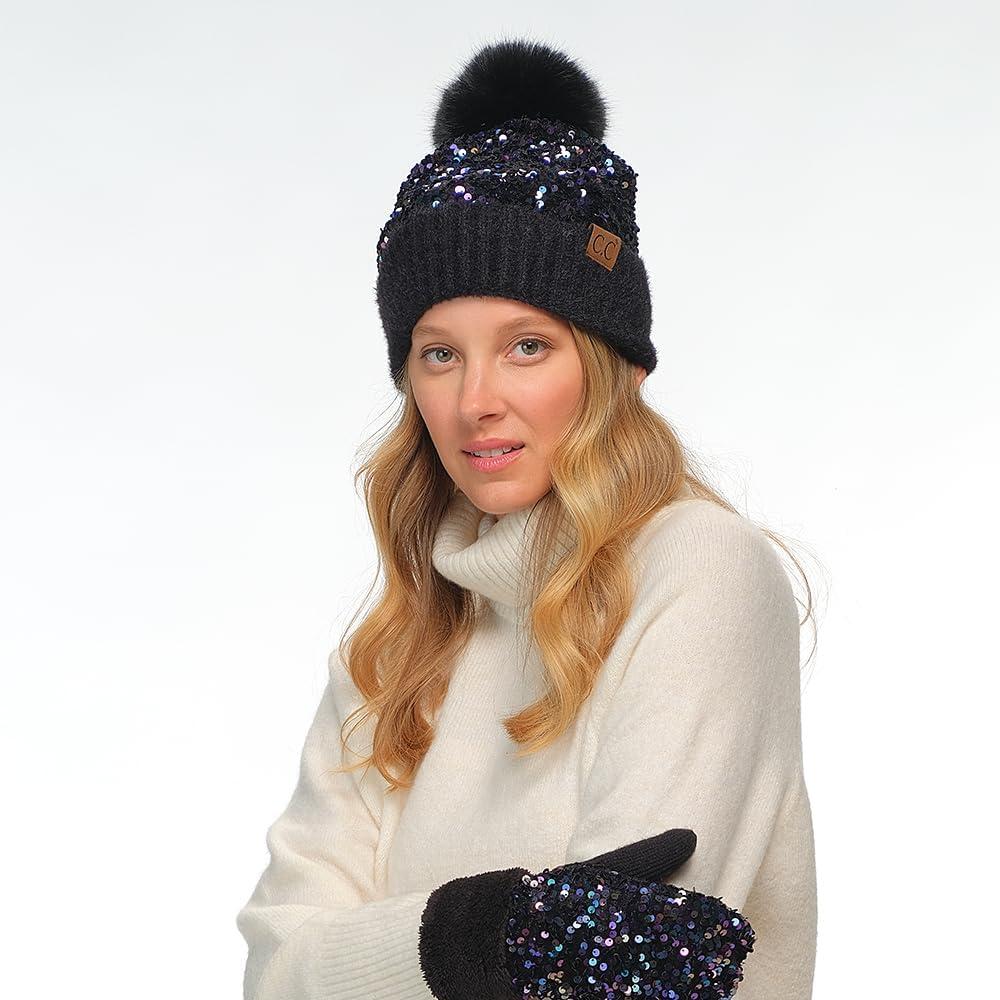 imageCC Sequin Pom Beanie for Women  Acrylic Stretchable Soft Warm Knit Winter Skully Hat with Yarn PomSparklespurple  Black