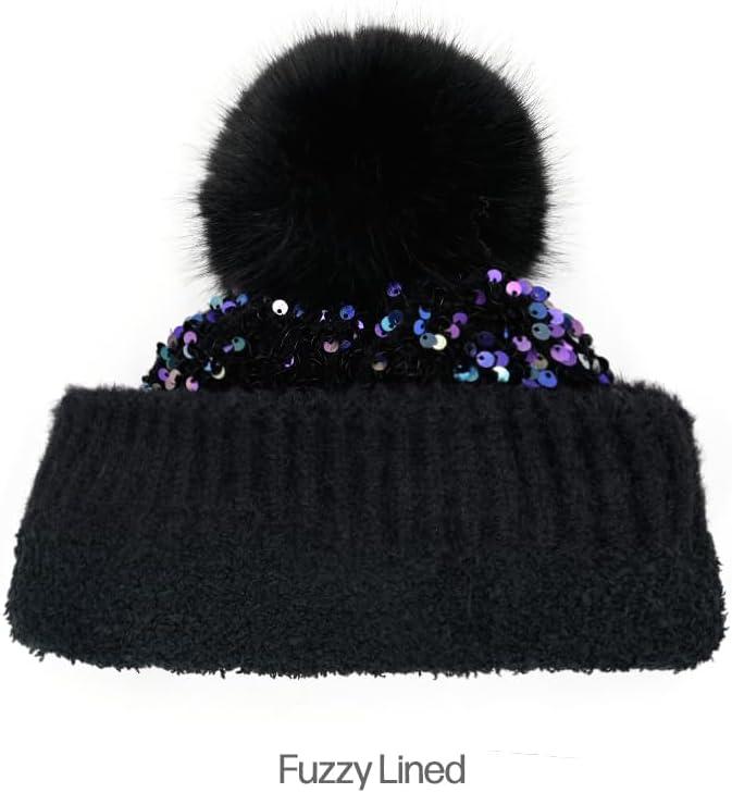 imageCC Sequin Pom Beanie for Women  Acrylic Stretchable Soft Warm Knit Winter Skully Hat with Yarn PomSparklespurple  Black