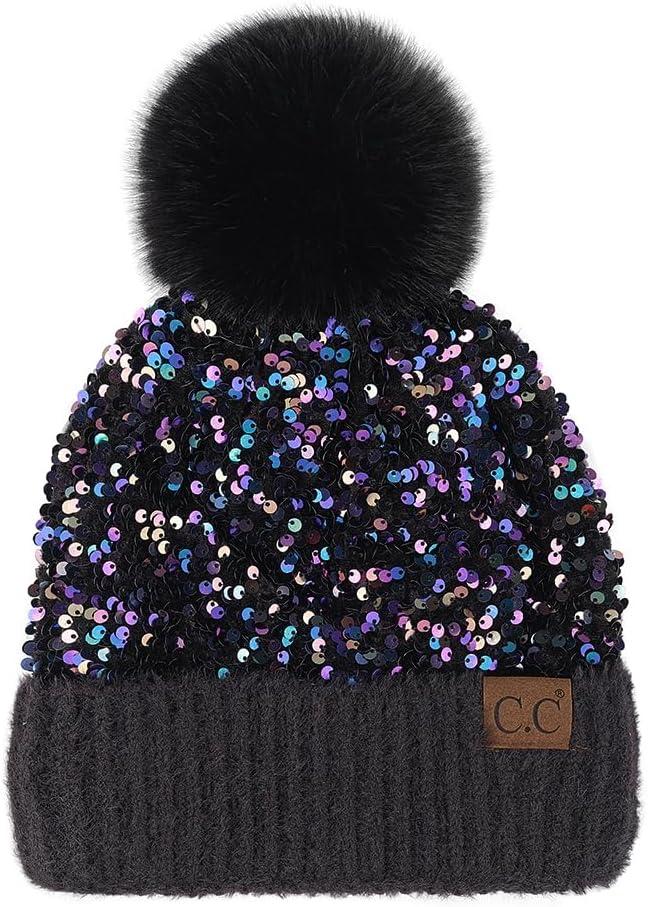 imageCC Sequin Pom Beanie for Women  Acrylic Stretchable Soft Warm Knit Winter Skully Hat with Yarn PomSparklespurple  Black
