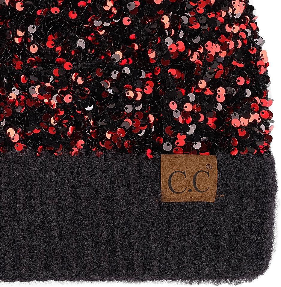 imageCC Sequin Pom Beanie for Women  Acrylic Stretchable Soft Warm Knit Winter Skully Hat with Yarn PomSparklesred  Black