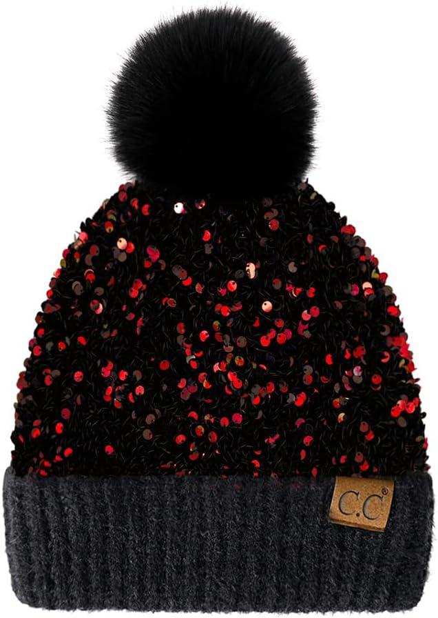imageCC Sequin Pom Beanie for Women  Acrylic Stretchable Soft Warm Knit Winter Skully Hat with Yarn PomSparklesred  Black