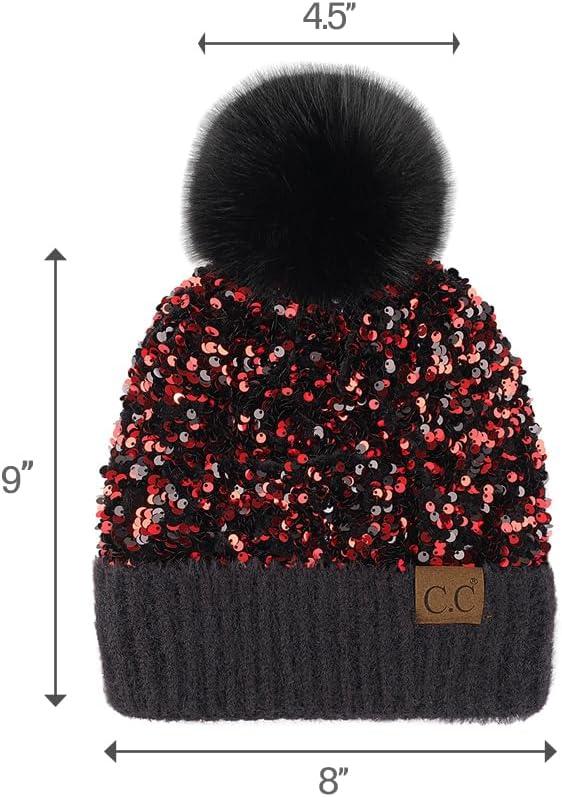 imageCC Sequin Pom Beanie for Women  Acrylic Stretchable Soft Warm Knit Winter Skully Hat with Yarn PomSparklesred  Black
