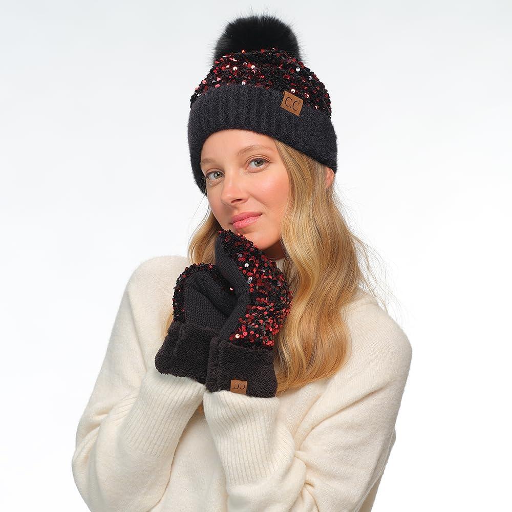 imageCC Sequin Pom Beanie for Women  Acrylic Stretchable Soft Warm Knit Winter Skully Hat with Yarn PomSparklesred  Black