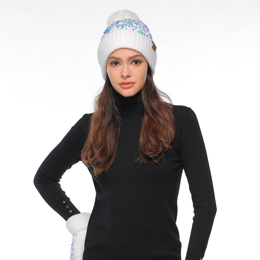 imageCC Sequin Pom Beanie for Women  Acrylic Stretchable Soft Warm Knit Winter Skully Hat with Yarn PomSparkleswhite