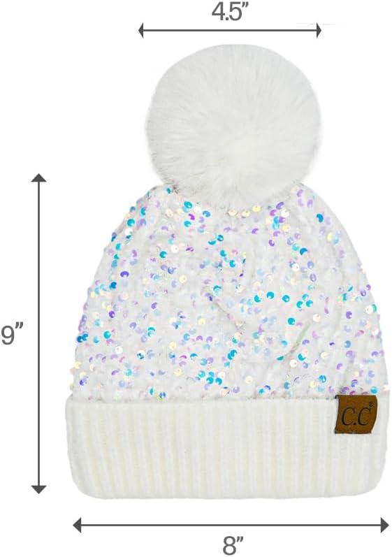 imageCC Sequin Pom Beanie for Women  Acrylic Stretchable Soft Warm Knit Winter Skully Hat with Yarn PomSparkleswhite
