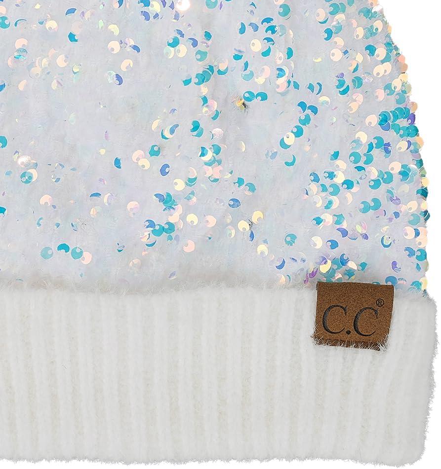 imageCC Sequin Pom Beanie for Women  Acrylic Stretchable Soft Warm Knit Winter Skully Hat with Yarn PomSparkleswhite