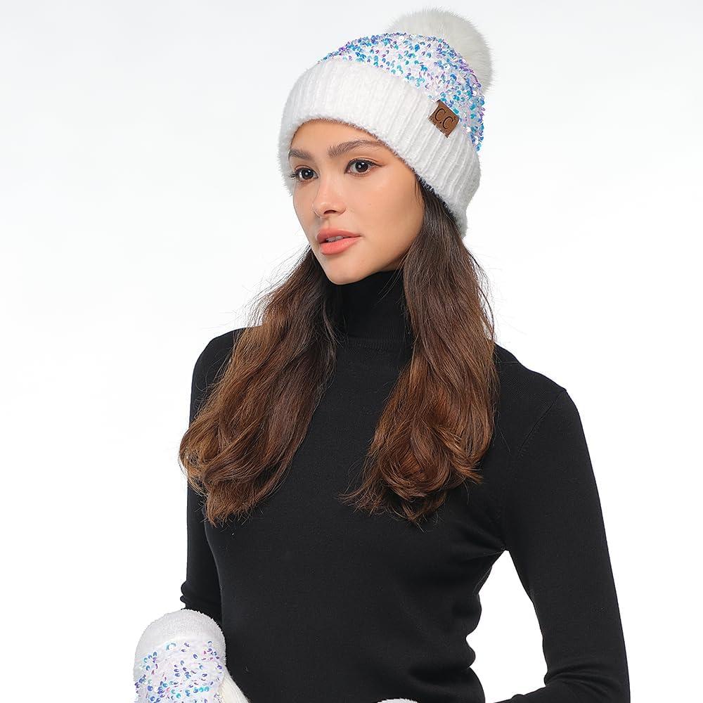 imageCC Sequin Pom Beanie for Women  Acrylic Stretchable Soft Warm Knit Winter Skully Hat with Yarn PomSparkleswhite