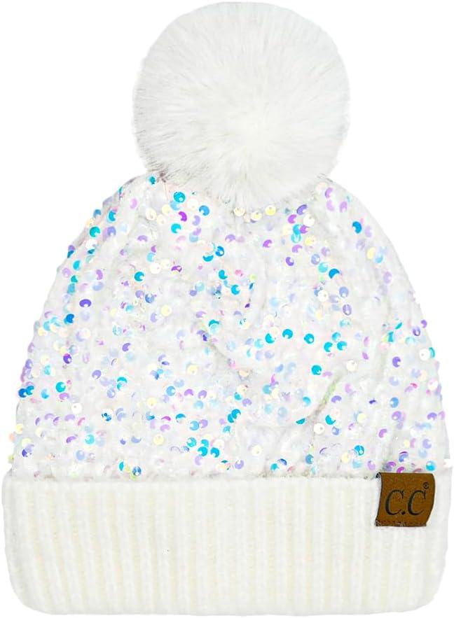 imageCC Sequin Pom Beanie for Women  Acrylic Stretchable Soft Warm Knit Winter Skully Hat with Yarn PomSparkleswhite