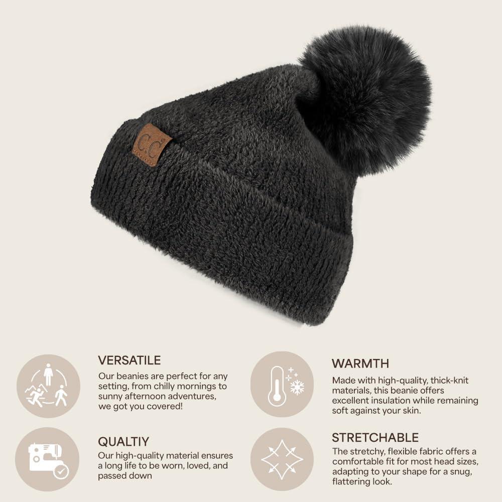 imageCC Sequin Pom Beanie for Women  Acrylic Stretchable Soft Warm Knit Winter Skully Hat with Yarn PomTerryblack