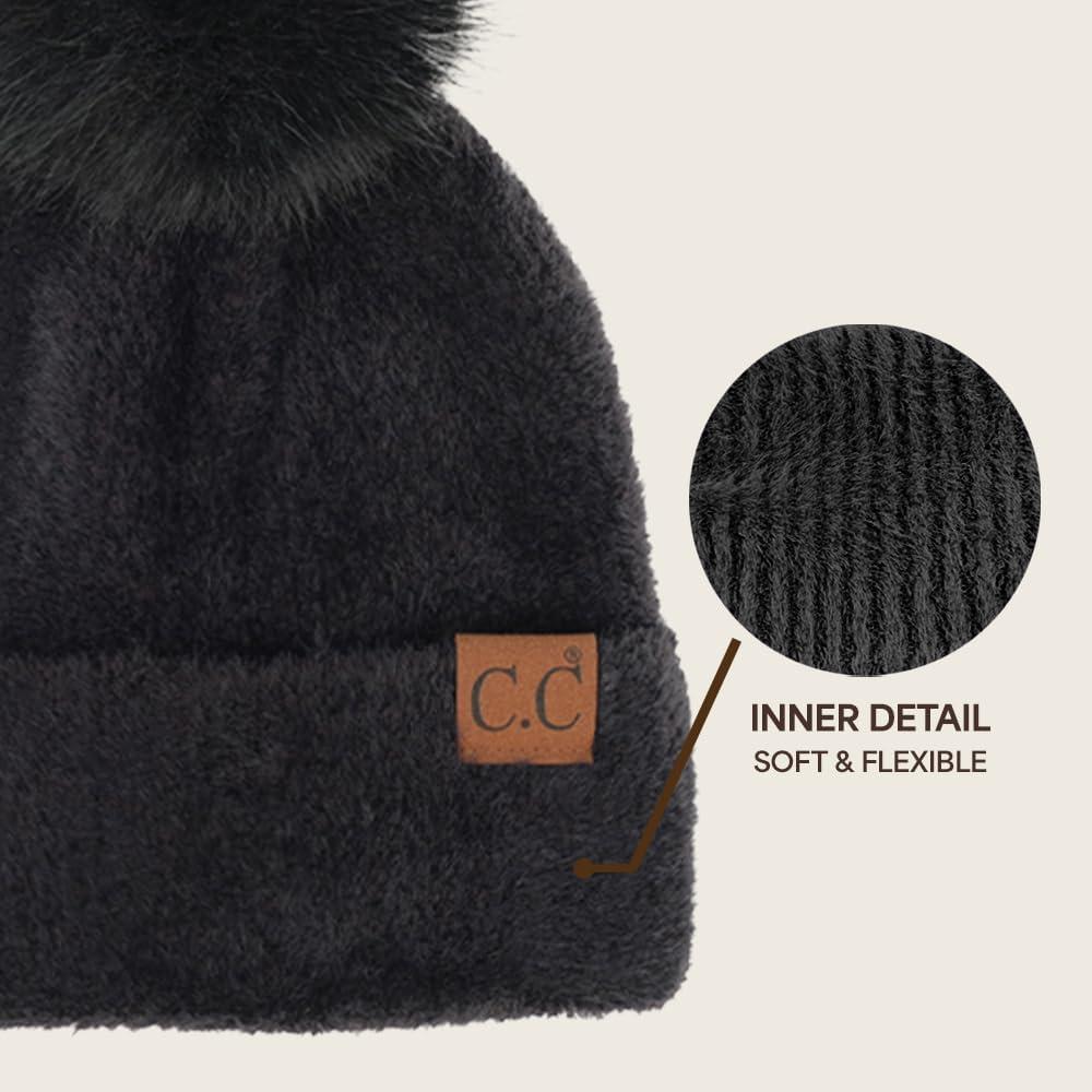 imageCC Sequin Pom Beanie for Women  Acrylic Stretchable Soft Warm Knit Winter Skully Hat with Yarn PomTerryblack