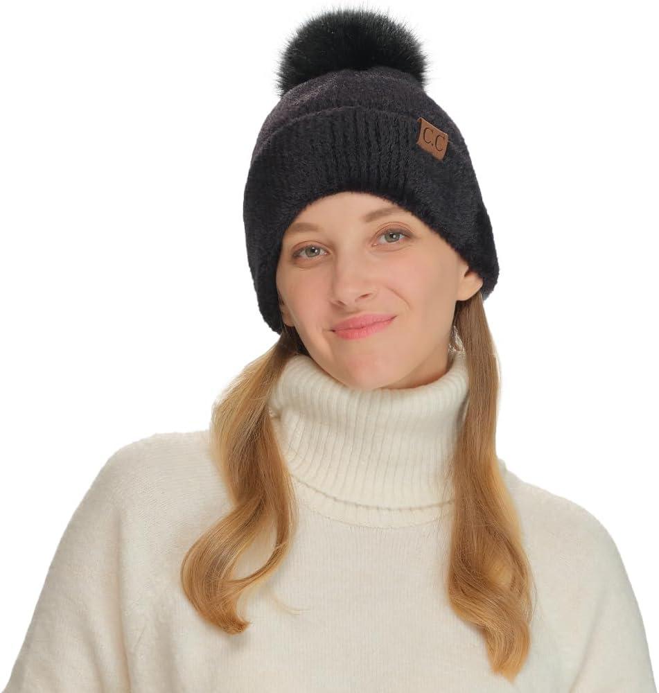 imageCC Sequin Pom Beanie for Women  Acrylic Stretchable Soft Warm Knit Winter Skully Hat with Yarn PomTerryblack