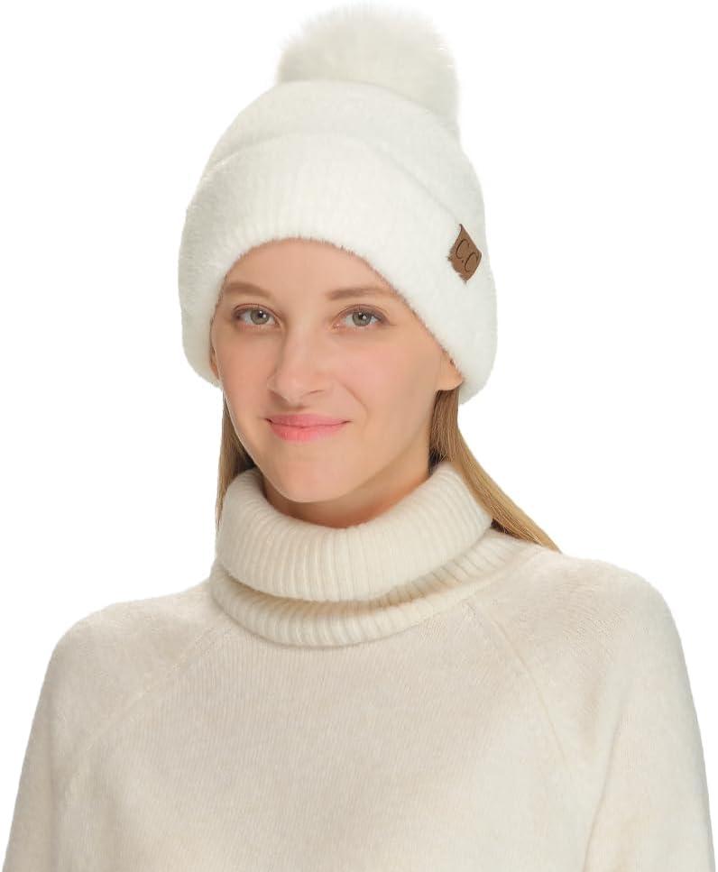 imageCC Sequin Pom Beanie for Women  Acrylic Stretchable Soft Warm Knit Winter Skully Hat with Yarn PomTerryivory