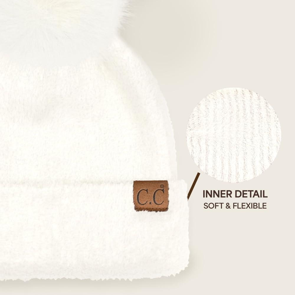 imageCC Sequin Pom Beanie for Women  Acrylic Stretchable Soft Warm Knit Winter Skully Hat with Yarn PomTerryivory
