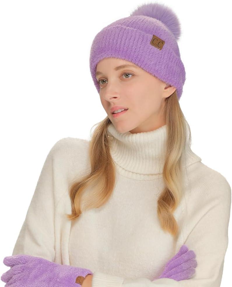 imageCC Sequin Pom Beanie for Women  Acrylic Stretchable Soft Warm Knit Winter Skully Hat with Yarn PomTerrylavender
