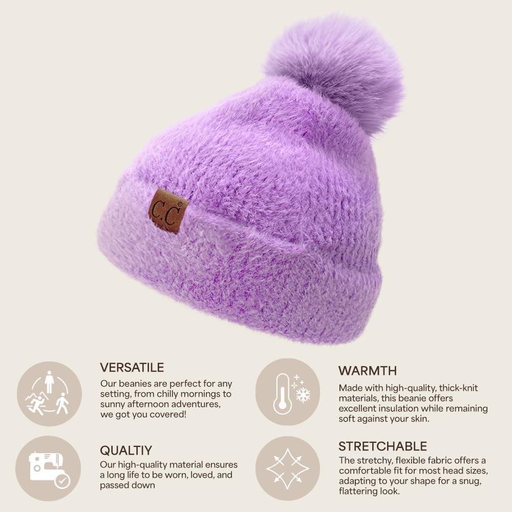 imageCC Sequin Pom Beanie for Women  Acrylic Stretchable Soft Warm Knit Winter Skully Hat with Yarn PomTerrylavender