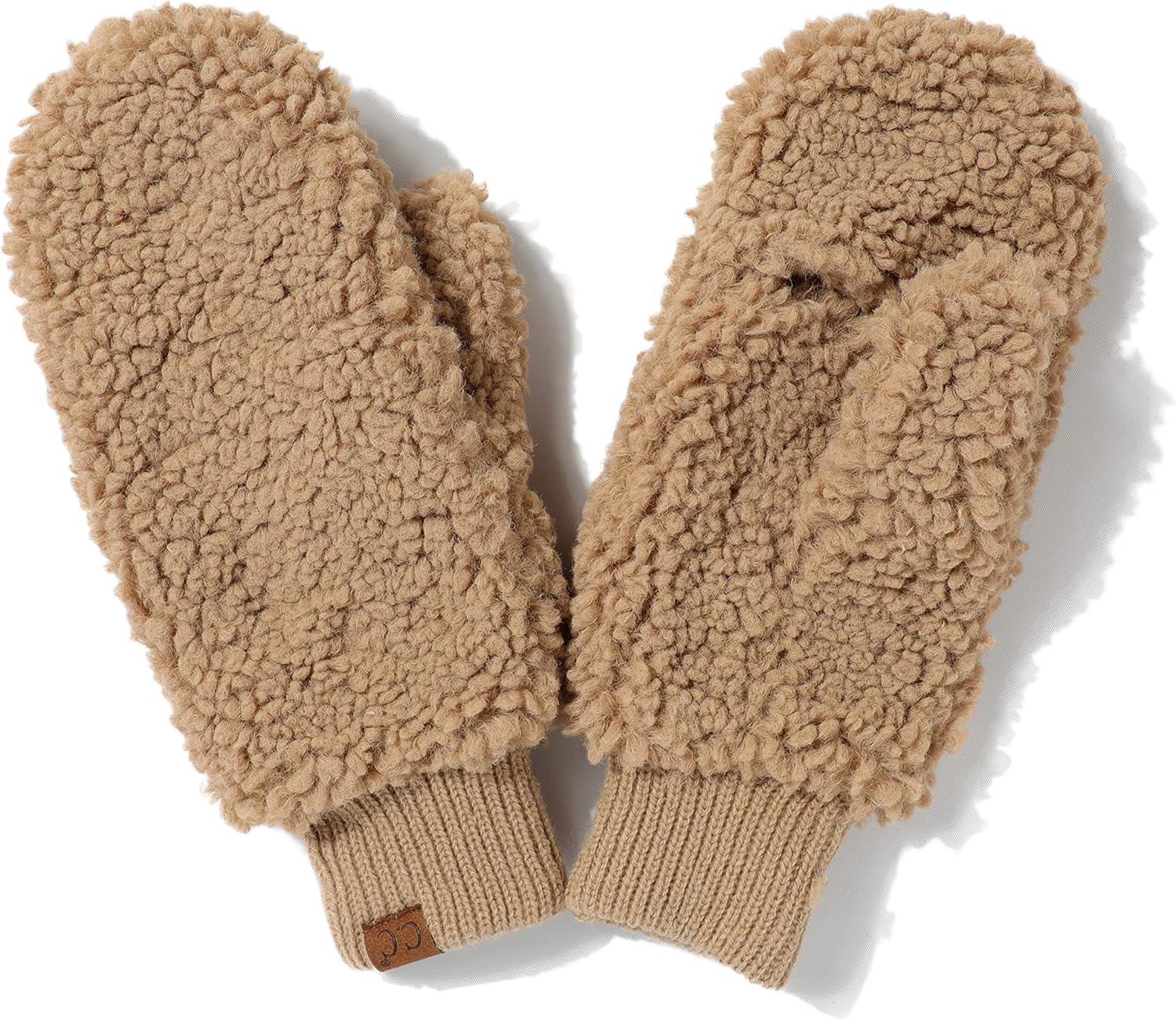 imageCC Sherpa Cuff Beanie Hat Suede Logo and Sherpa Mitten Gloves HAT008MT008Dkcamelgift Set