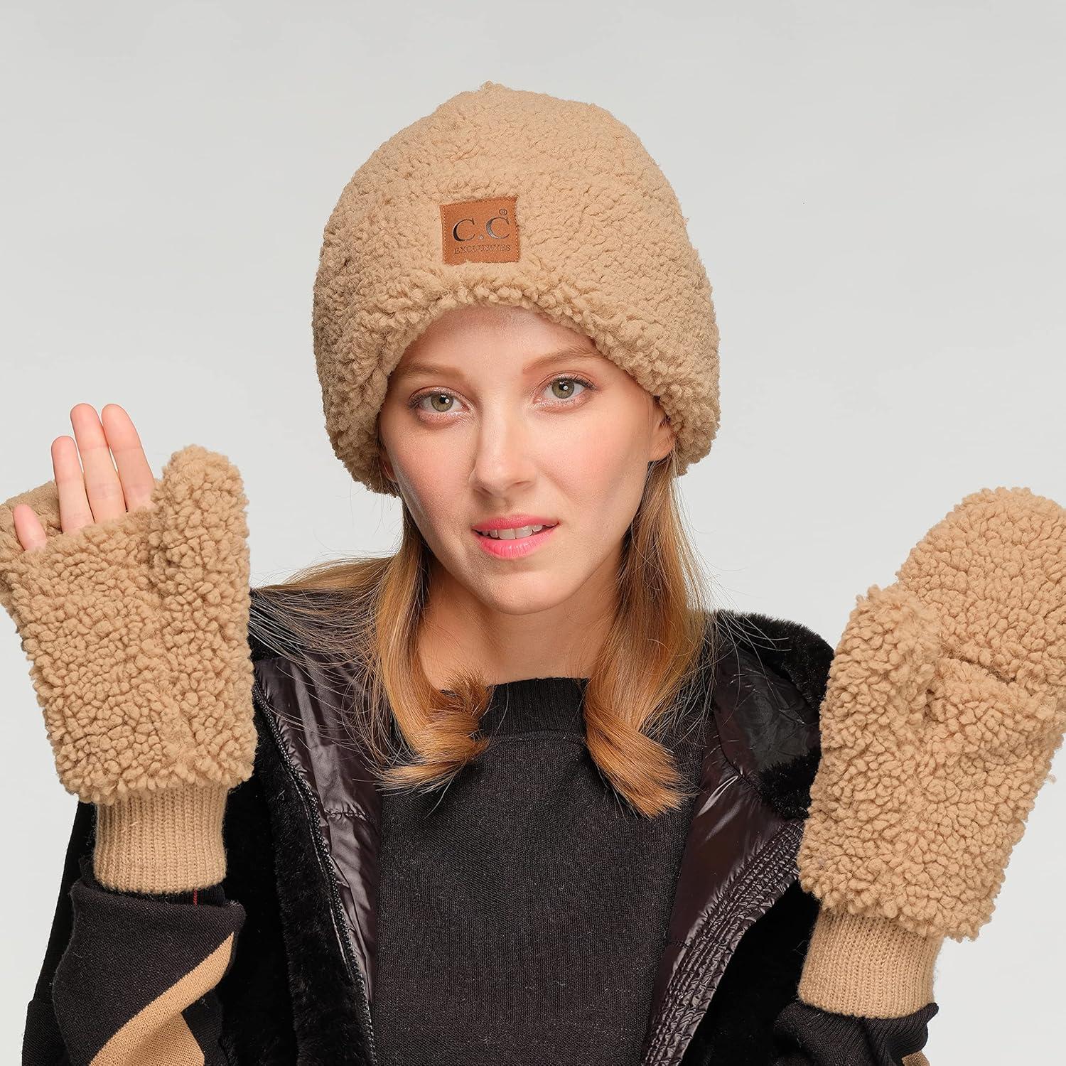 imageCC Sherpa Cuff Beanie Hat Suede Logo and Sherpa Mitten Gloves HAT008MT008Dkcamelgift Set