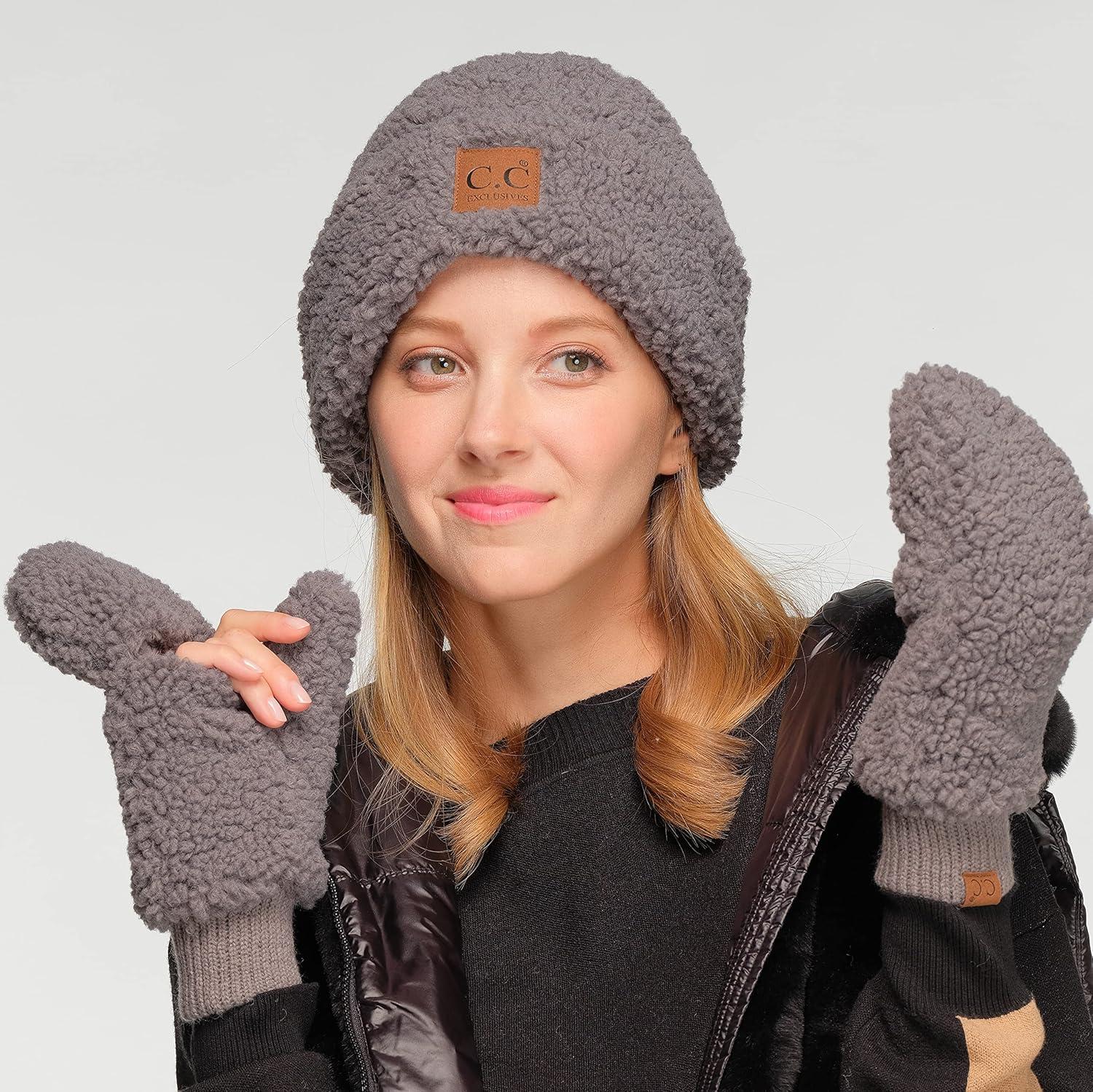 imageCC Sherpa Cuff Beanie Hat Suede Logo and Sherpa Mitten Gloves HAT008MT008Greygift Set