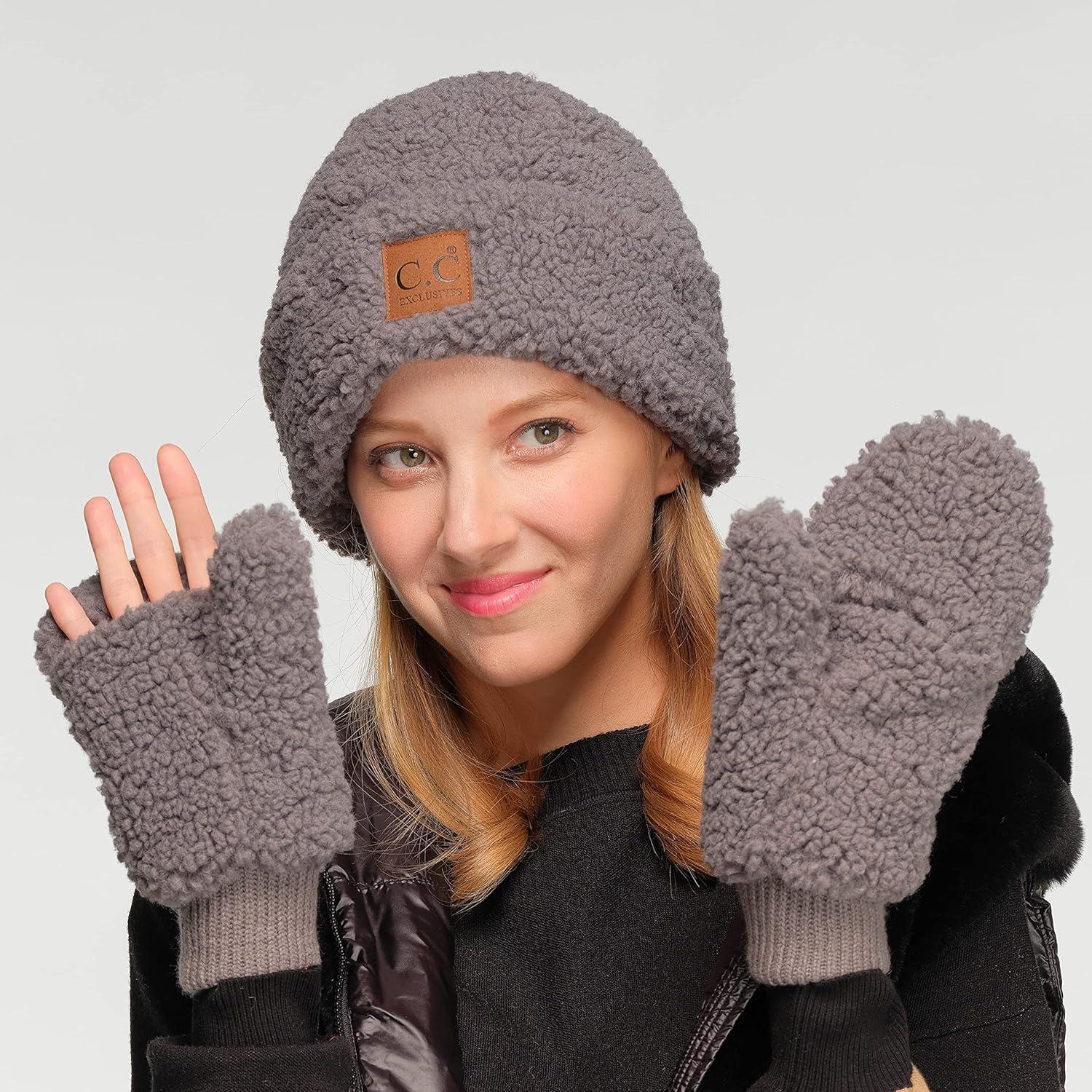 imageCC Sherpa Cuff Beanie Hat Suede Logo and Sherpa Mitten Gloves HAT008MT008Greygift Set