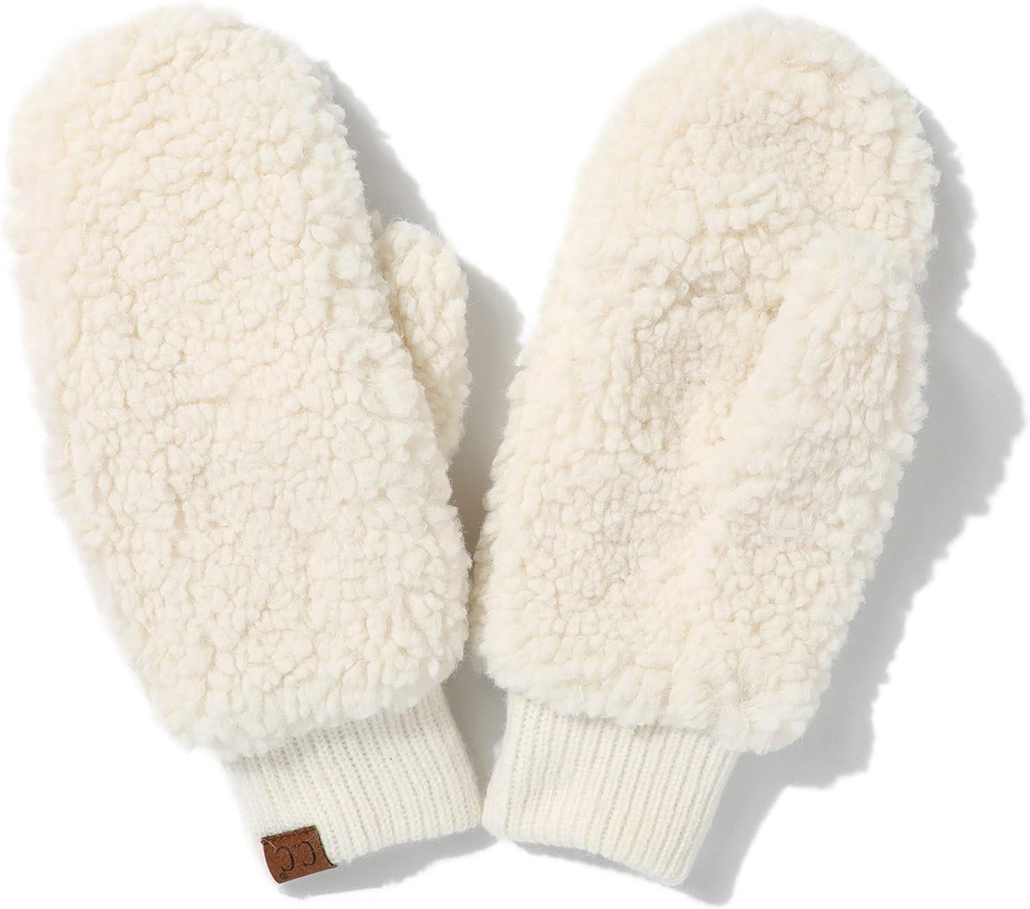 imageCC Sherpa Cuff Beanie Hat Suede Logo and Sherpa Mitten Gloves HAT008MT008Ivorygift Set