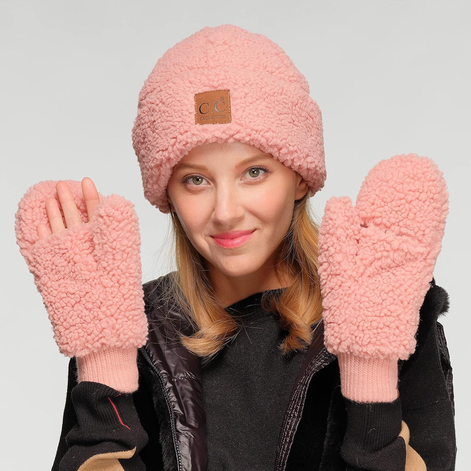 imageCC Sherpa Cuff Beanie Hat Suede Logo and Sherpa Mitten Gloves HAT008MT008Rosegift Set