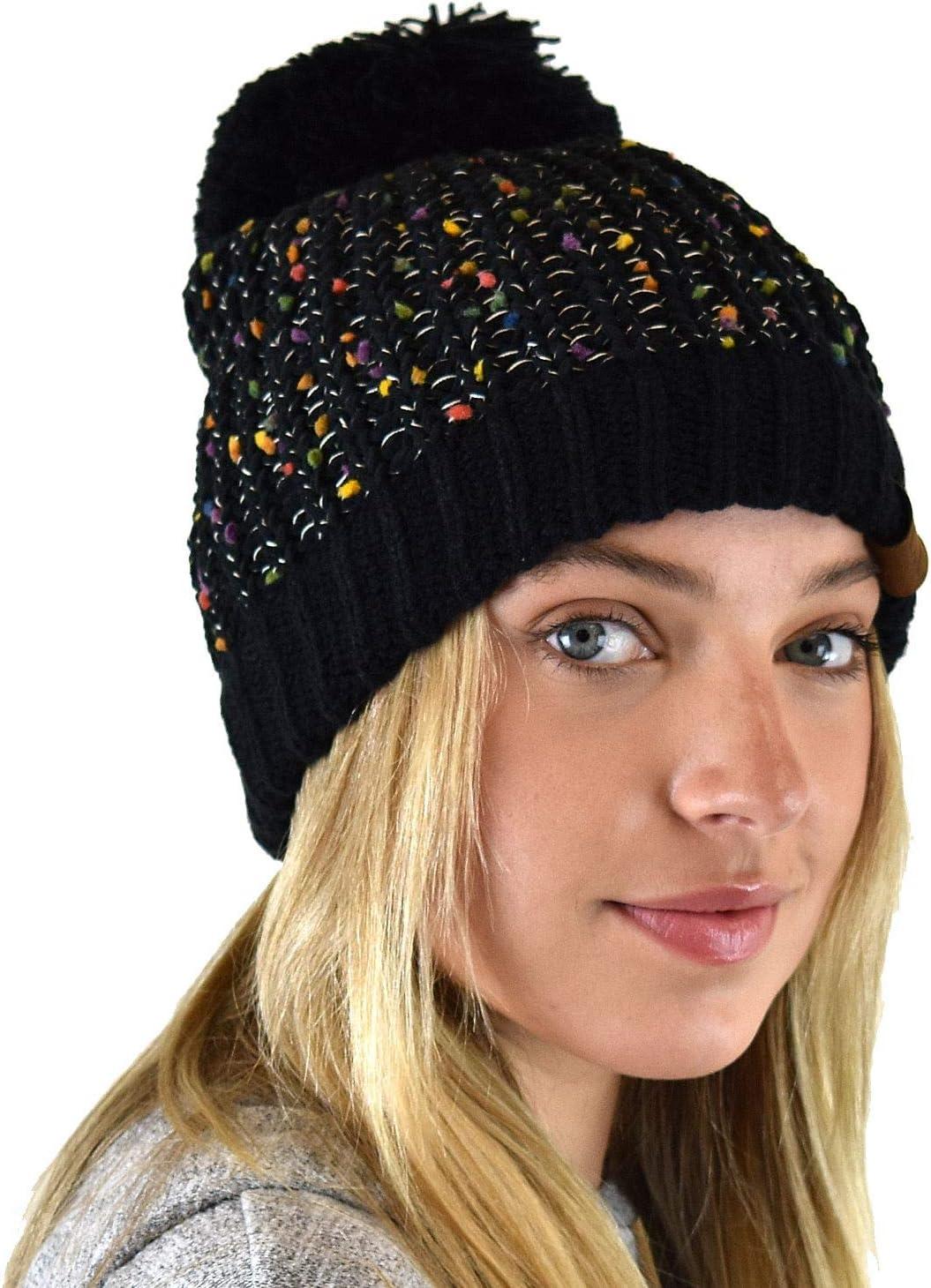 imageCC Soft Winter Warm Confetti Knit Chenille Pom Beanie HatBlack