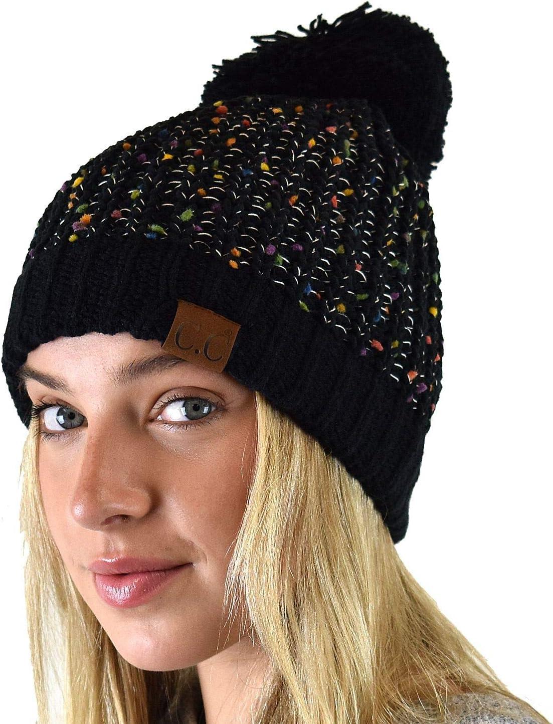 imageCC Soft Winter Warm Confetti Knit Chenille Pom Beanie HatBlack