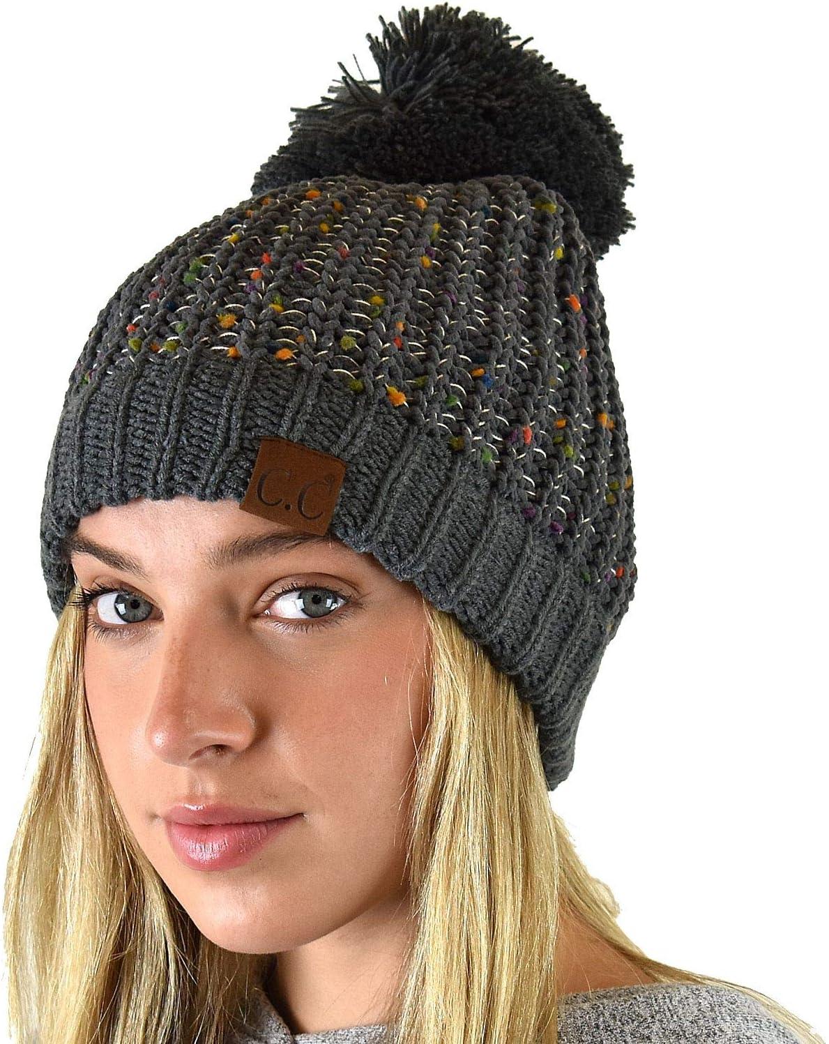 imageCC Soft Winter Warm Confetti Knit Chenille Pom Beanie HatDark Melange Gray