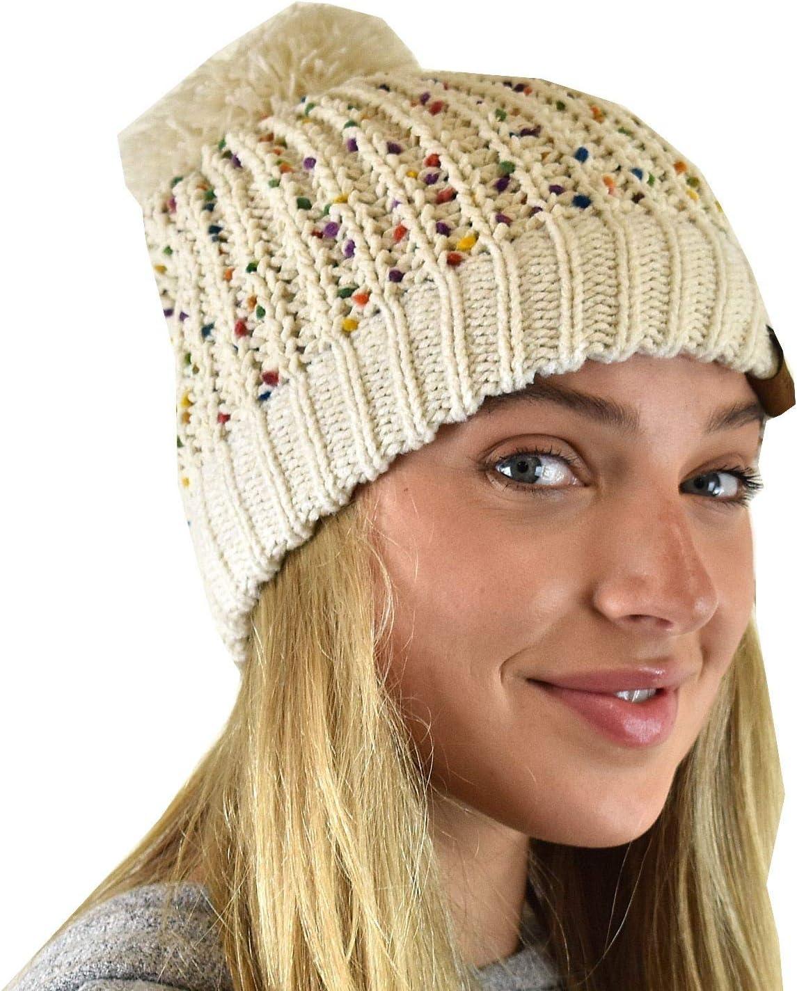 imageCC Soft Winter Warm Confetti Knit Chenille Pom Beanie HatOatmeal